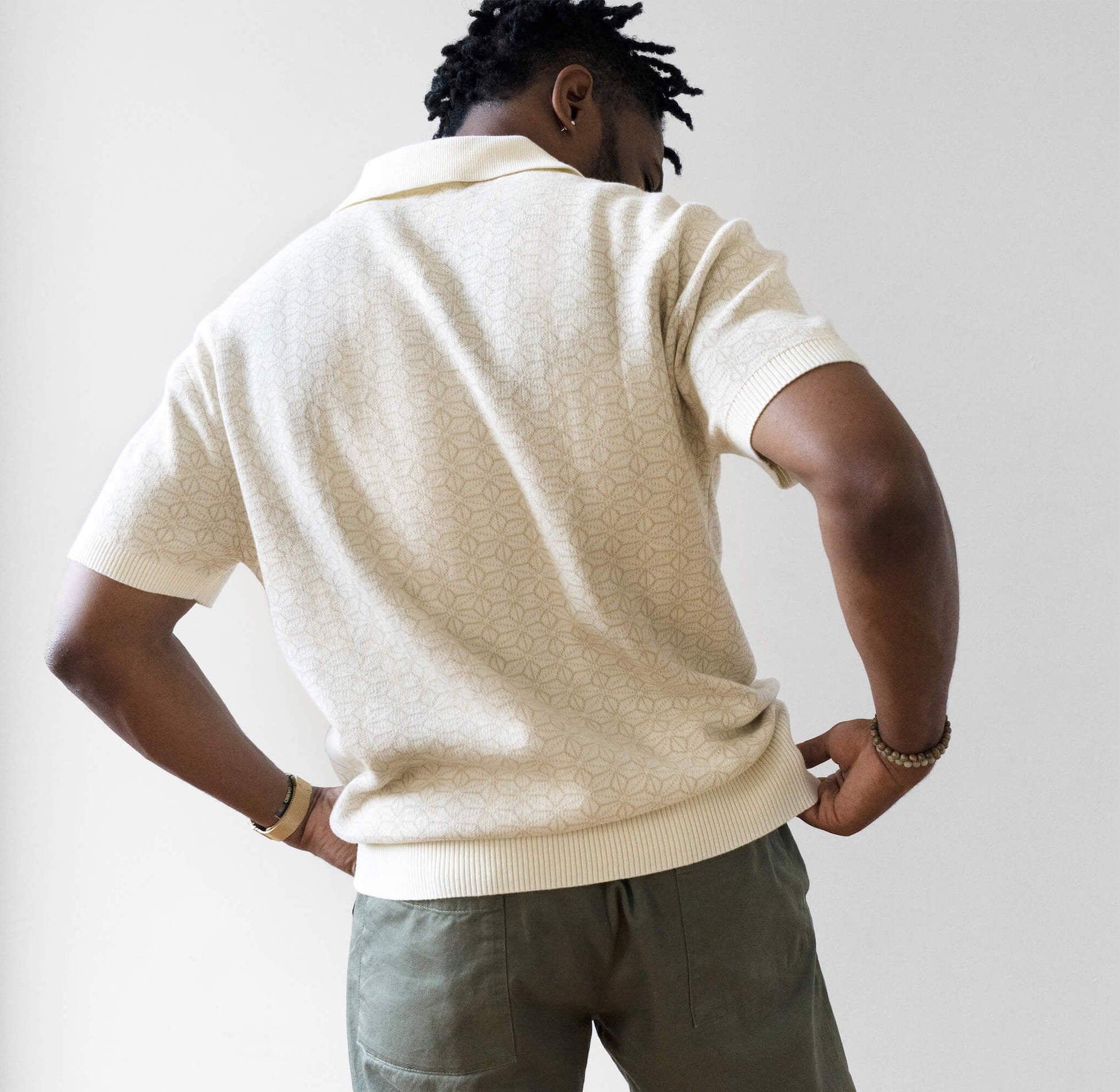 AKASHI KAMA Ojii Knit Polo Shirt in Cream | Mens Arrow Japanese Pattern Knitwear