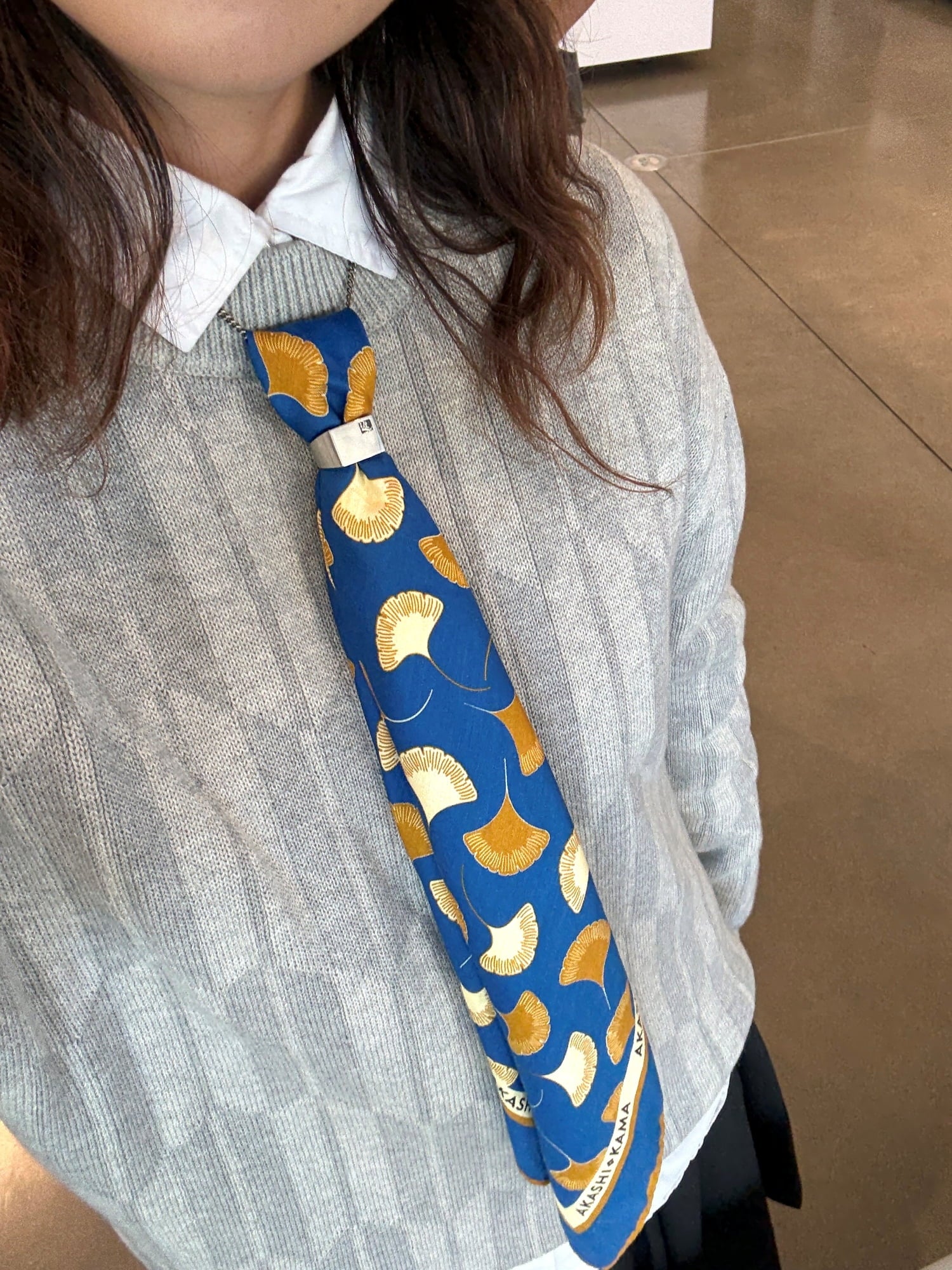 Akashi-Kama Arrow Crewneck sweater , styled with Japanese Riviera Ginkgo Leaf silk-cotton bandana, Japanese streetwear women’s style