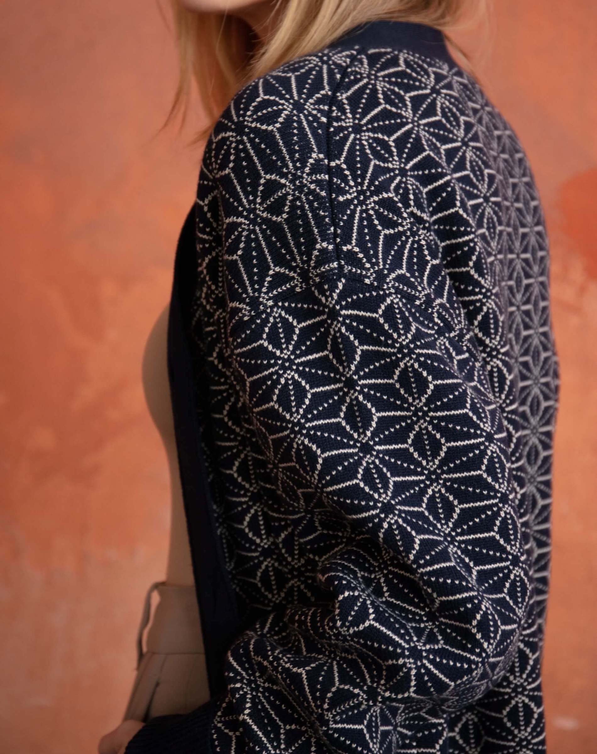 Asanoha Japanese Pattern Cardigan Indigo Sweater  |  AKASHI-KAMA Knitwear