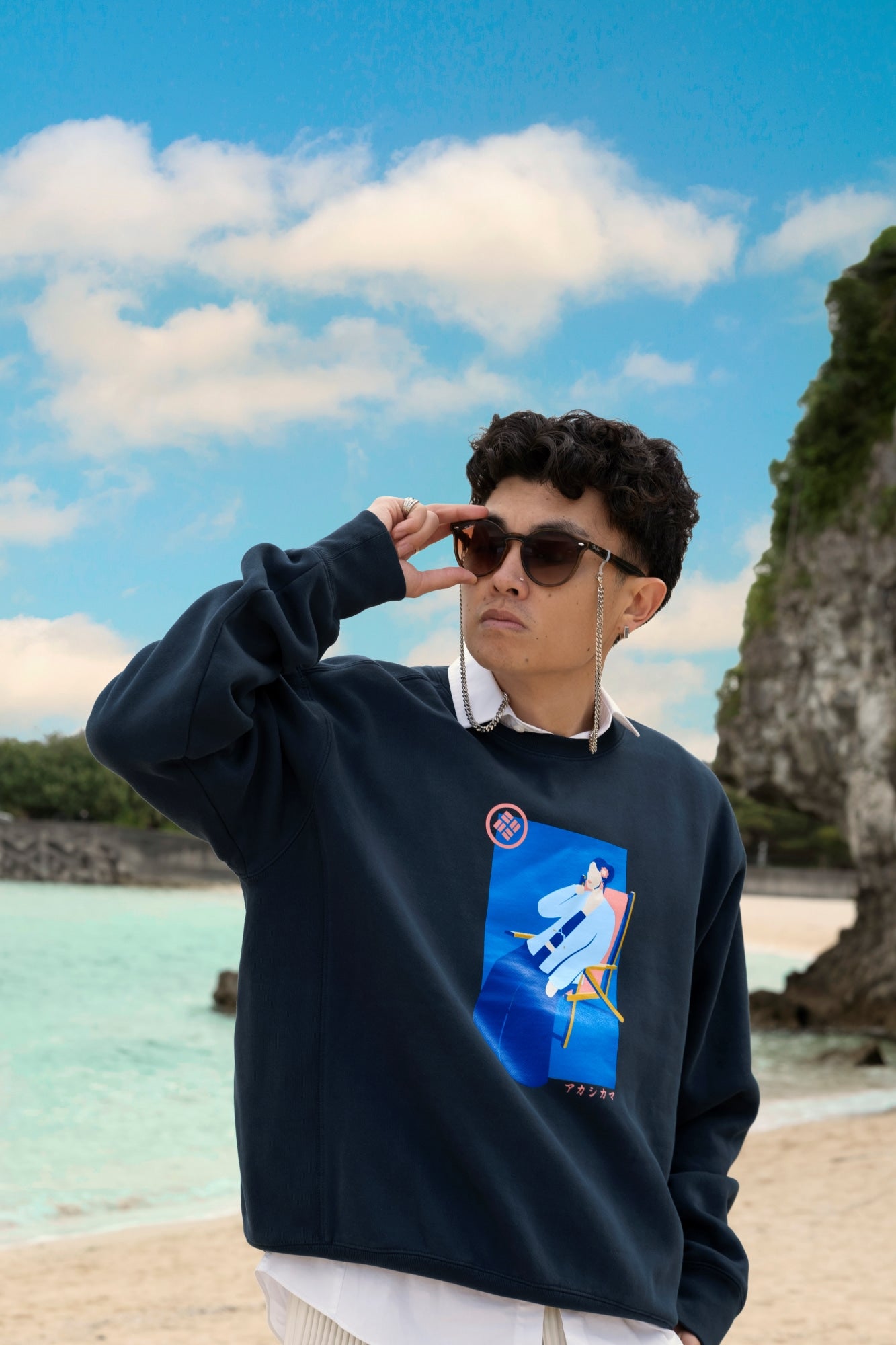 Men’s Akashi-Kama Riviera Woman Cropped Crewneck, deep indigo cotton streetwear, hand-illustrated Japanese Riviera graphic