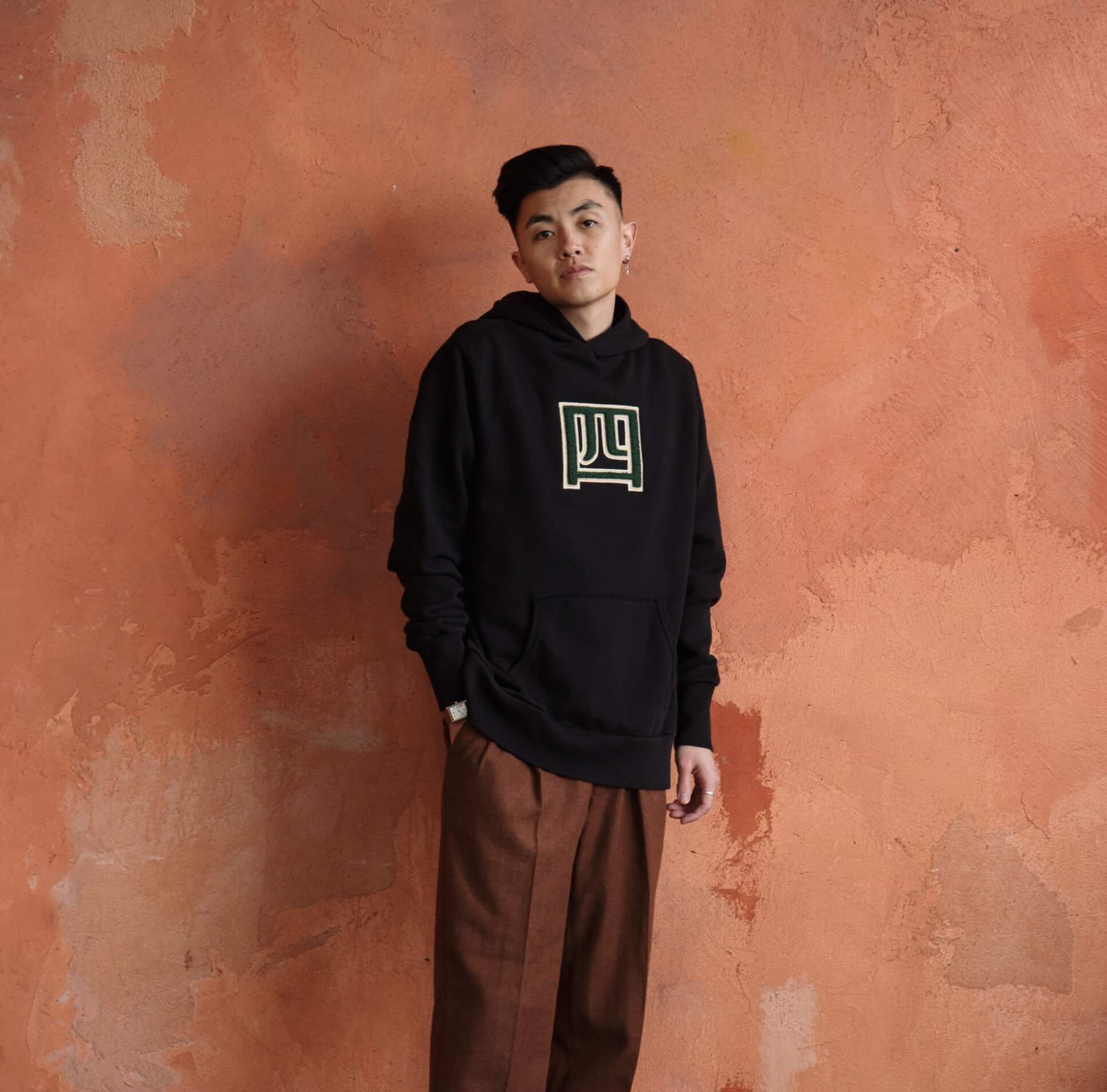 Mens Black Hoodie Yonsei Chenille Texture Kanji Patch | AKASHI-KAMA Garment Dye Sweatshirt Streetwear Made in USA
