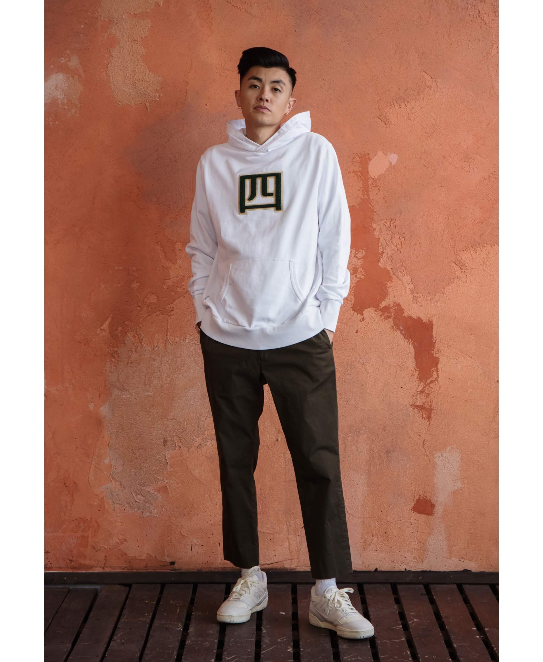 Mens White Hoodie Yonsei Chenille Texture Kanji Patch | AKASHI-KAMA Garment Dye Sweatshirt Streetwear Made in USA
