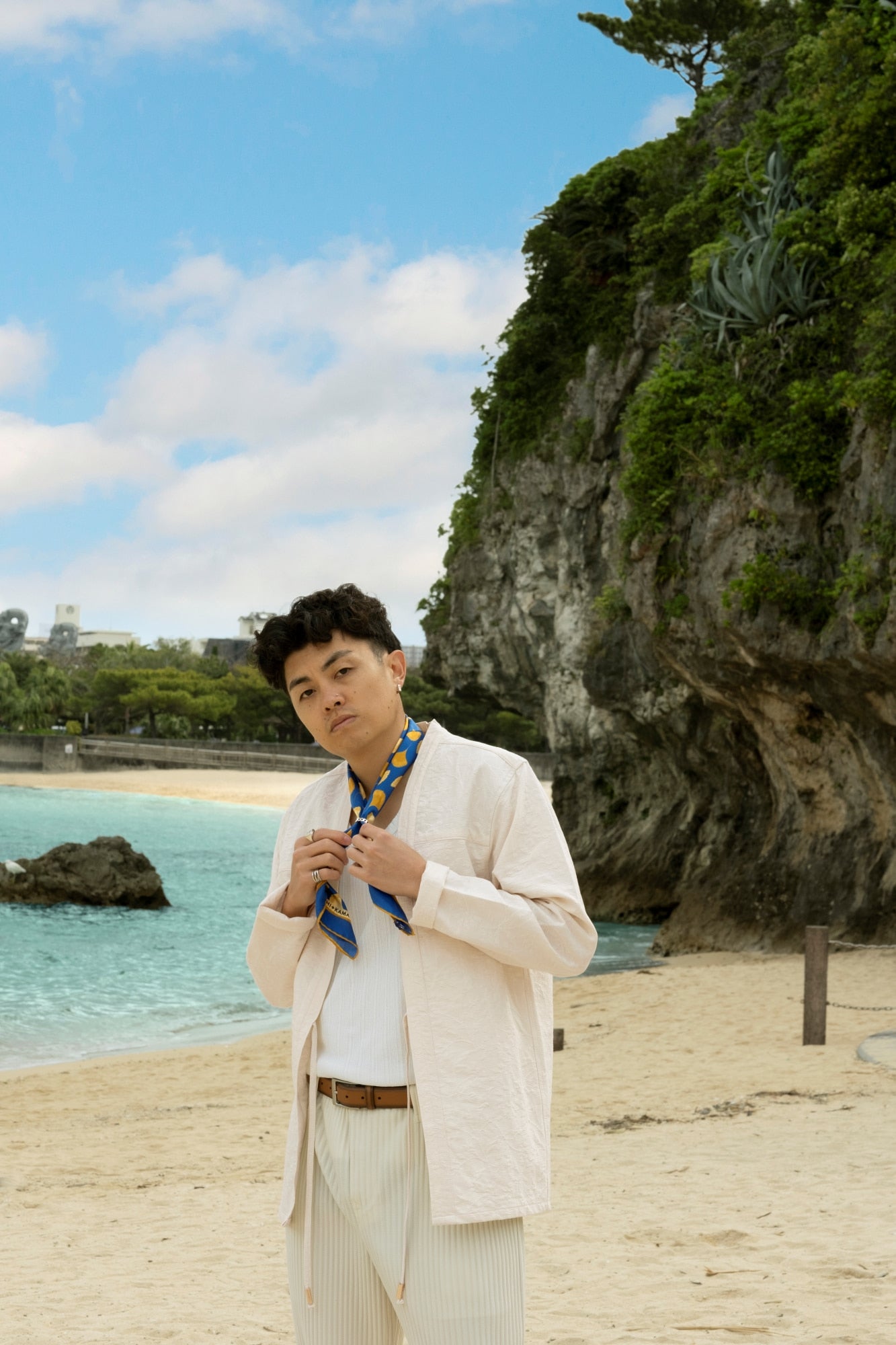 made in Italy silk-cotton mens Japanese aesthetic neck scarf,  Akashi Kama bandana in Ginkgo Leaf print