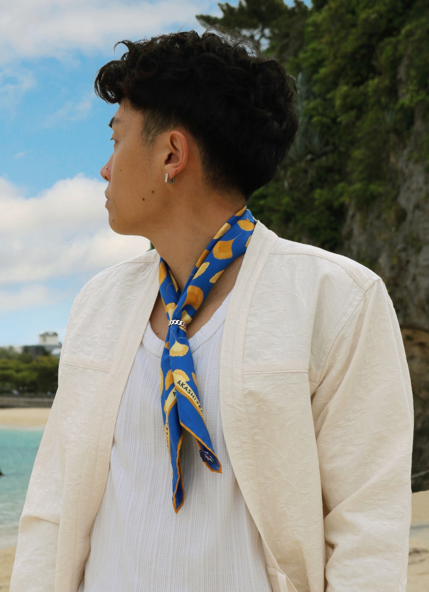 Akashi-Kama mens silk-cotton Ginkgo Leaf Bandana worn as neck scarf, Italian-made with Japanese aesthetic print