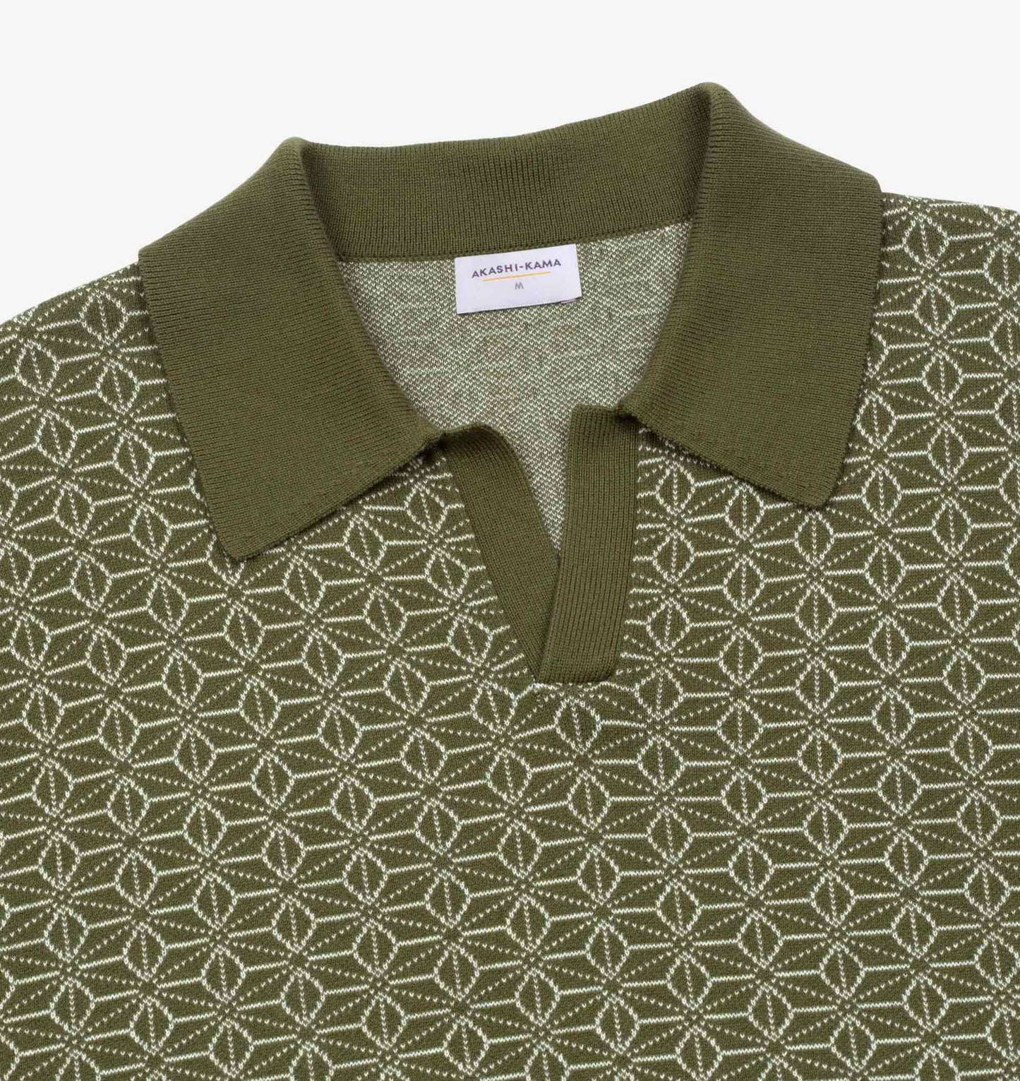 AKASHI-KAMA Ojii Knit Polo Shirt in Olive Asanoha | Japanese Pattern Short Sleeve Mens Knitwear