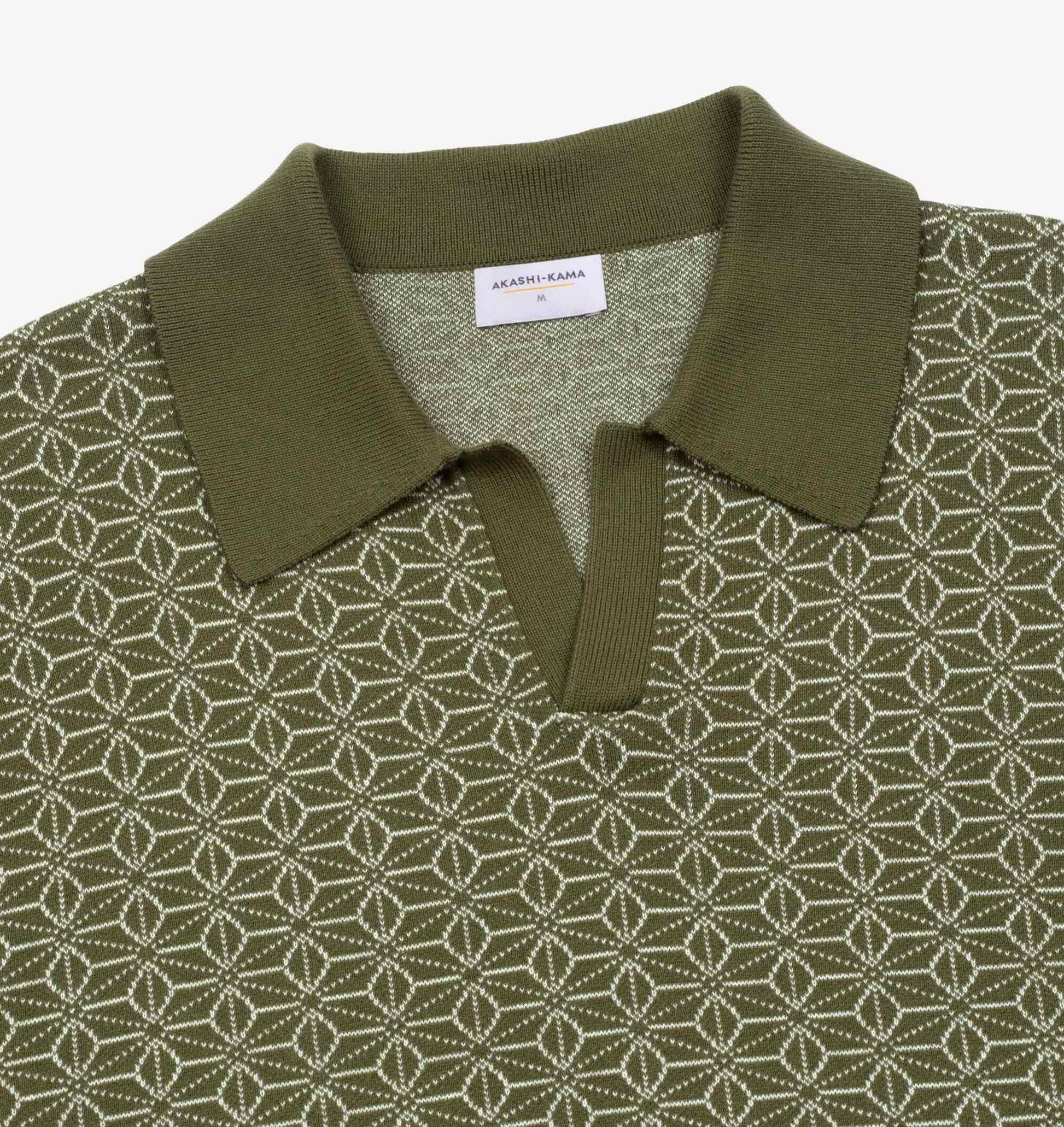AKASHI-KAMA Ojii Knit Polo Shirt in Olive Asanoha | Japanese Pattern Short Sleeve Mens Knitwear