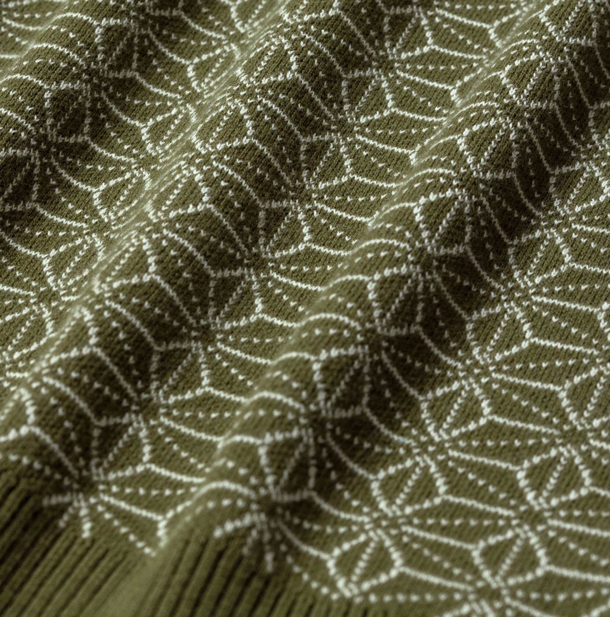 AKASHI-KAMA Ojii Knit Polo Shirt in Olive Asanoha | Japanese Pattern Knitwear