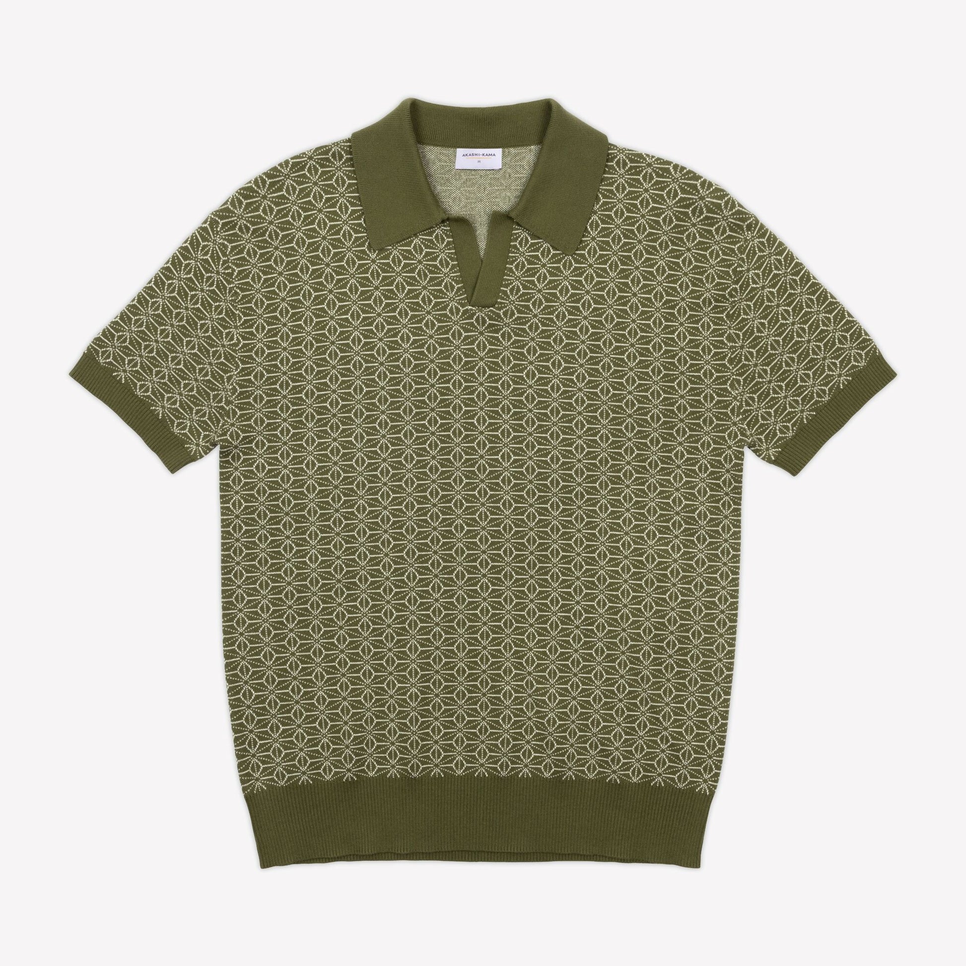 AKASHI-KAMA Ojii Knit Polo Shirt in Olive Asanoha | Japanese Pattern Knitwear