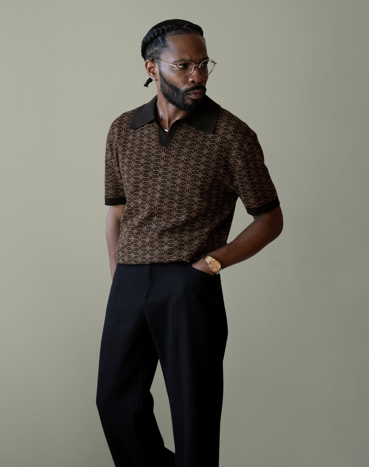 Japanese Asanoha Pattern in Black Ojii Knit Polo | AKASHI-KAMA Mens Knitwear