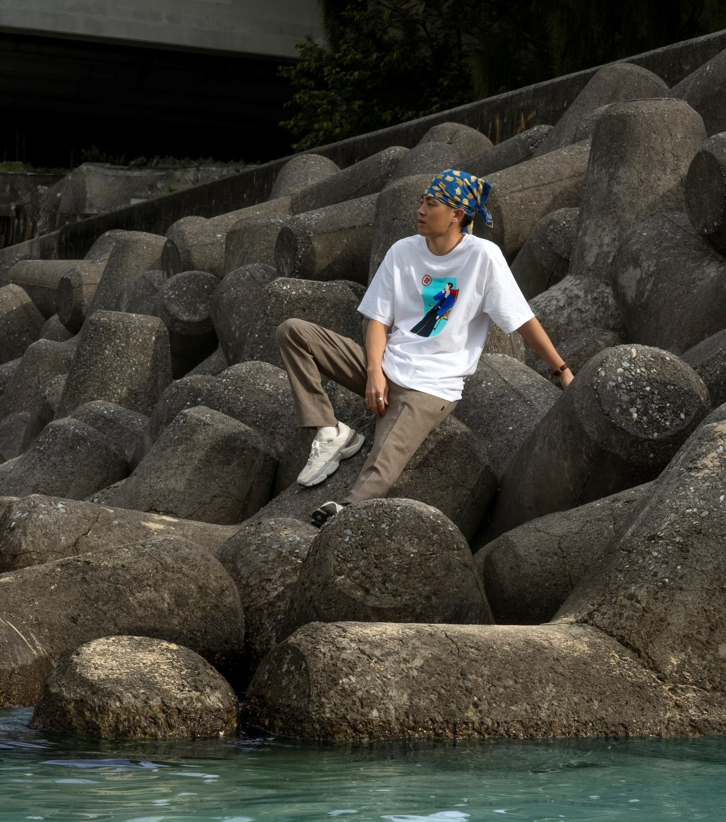 Japanese Riviera woman hand-illustrated graphic, AKASHI KAMA mens streetwear garment dyed heavyweight USA cotton