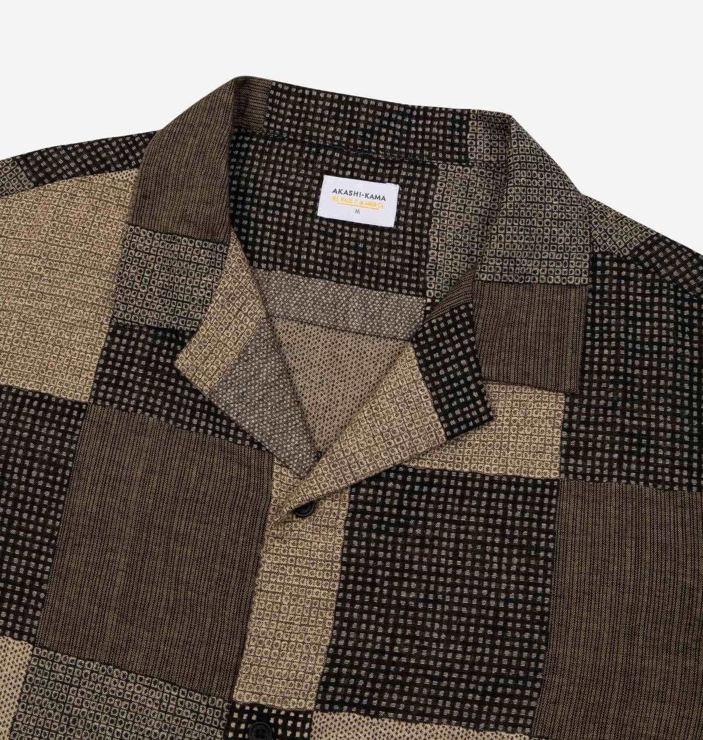 Patchwork Camp Collar Button Down Shirt Style in Earth Brown | Made in USA AKASHI-KAMA Japanese Streetwear