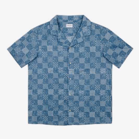 AKASHI-KAMA Camp Collar Shirt in Sora Blue | Button Down Style Japanese Pattern Streetwear Made in USA