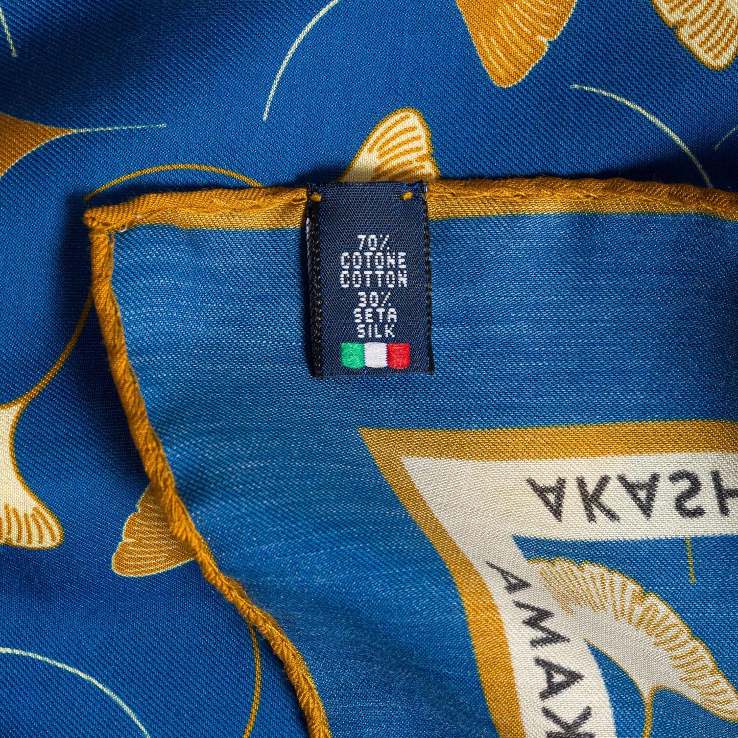 made in Italy Akashi Kama bandana in Japanese Ginkgo Leaf print blended silk-cotton blue scarf
