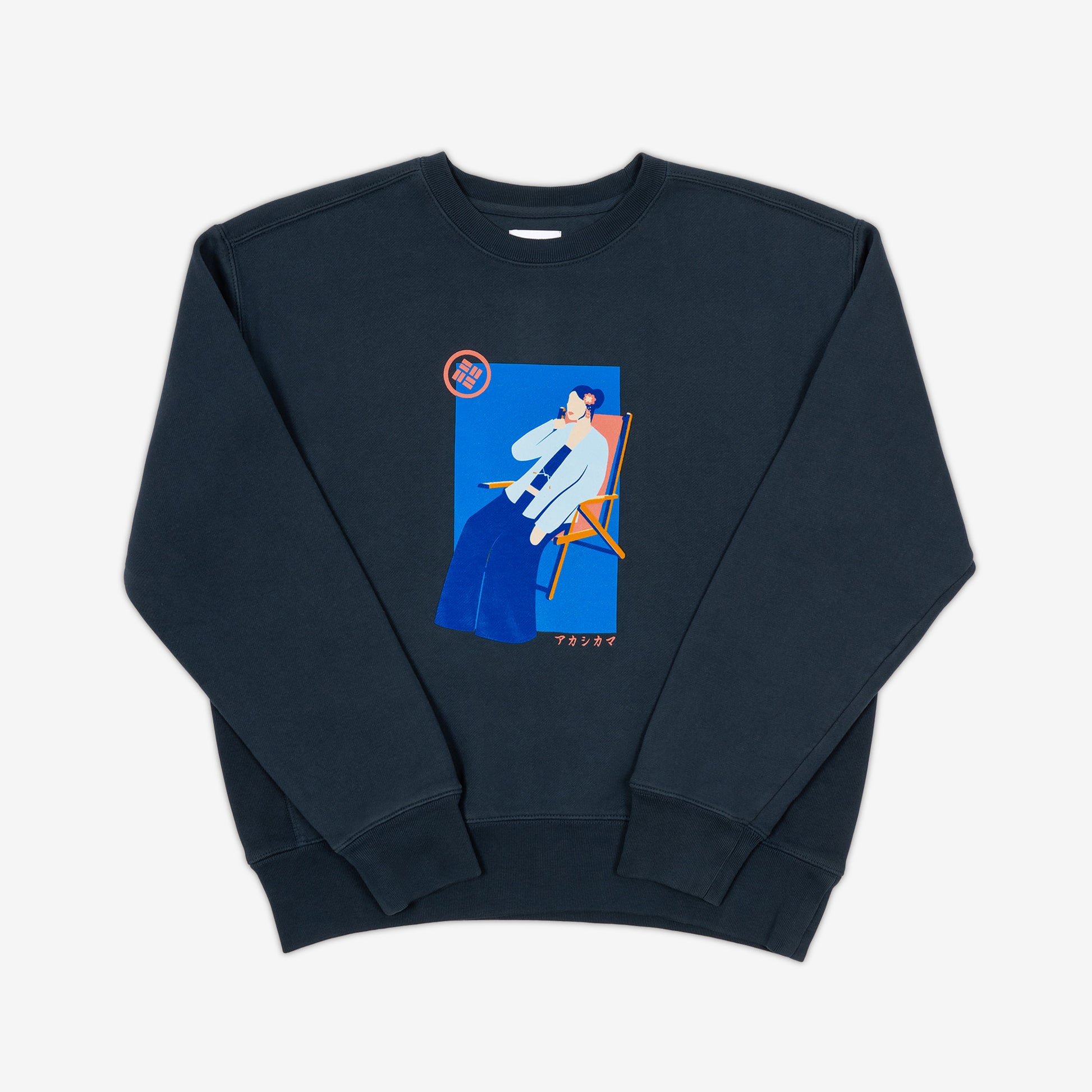 Riviera Woman Cropped Crewneck in deep indigo |Garment dyed with hand-illustrated Akashi Kama Riviera design
Japanese Streetwear
