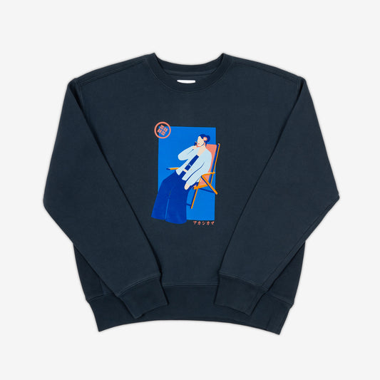 Riviera Woman Cropped Crewneck in deep indigo |Garment dyed with hand-illustrated Akashi Kama Riviera design
Japanese Streetwear