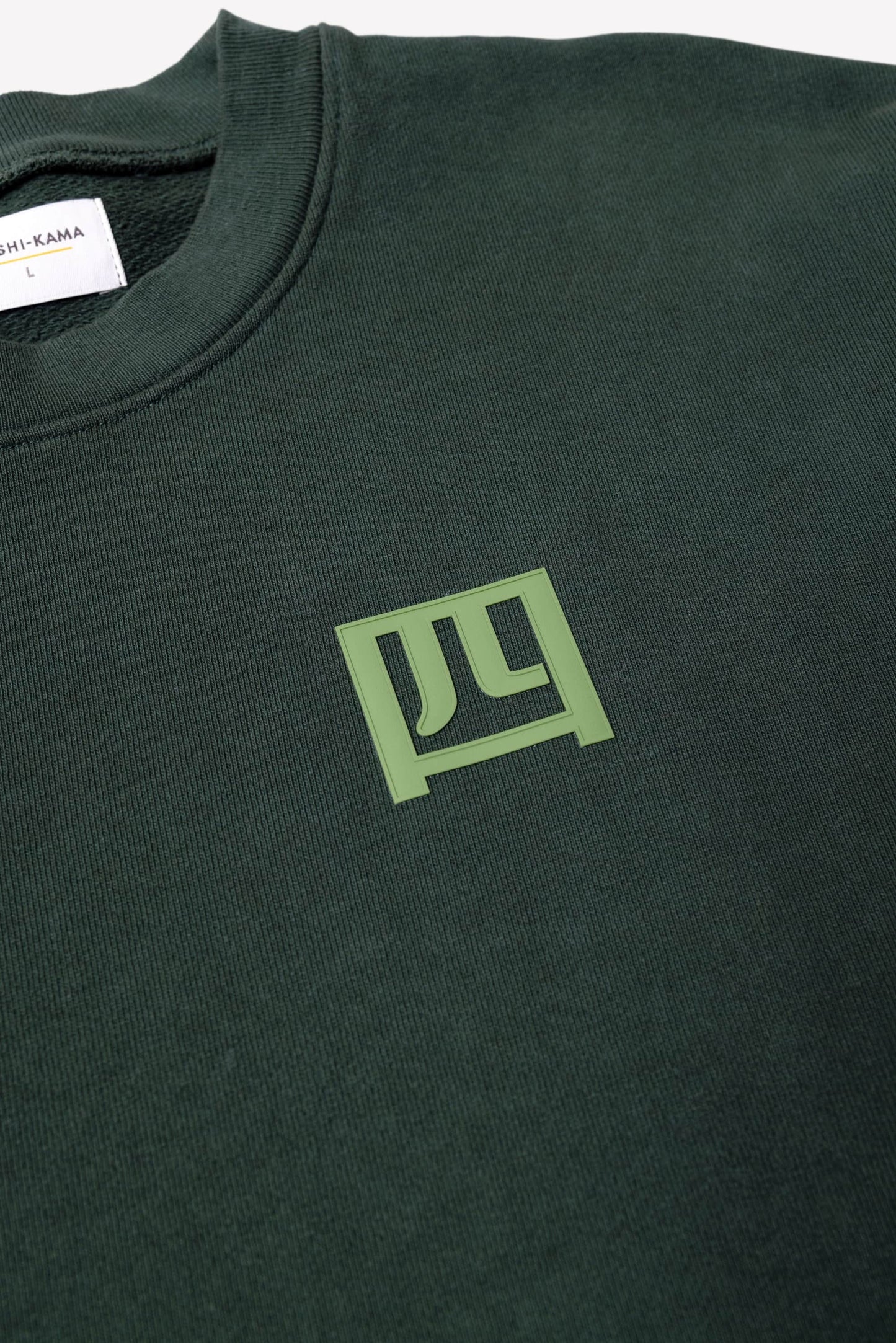 Yonsei Kanji Stamped Green Dyed Sweatshirt | AKASHI-KAMA Ivy Crewneck Made in USA Japanese Streetwear