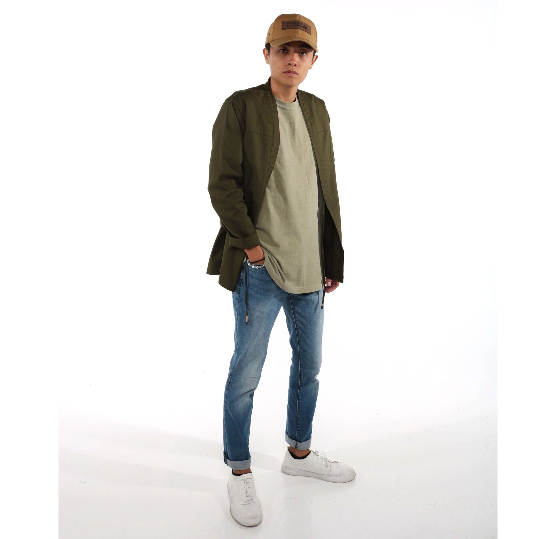 AKASHI-KAMA Mens Kimono Jacket Japanese Streetwear Army Green Noragi