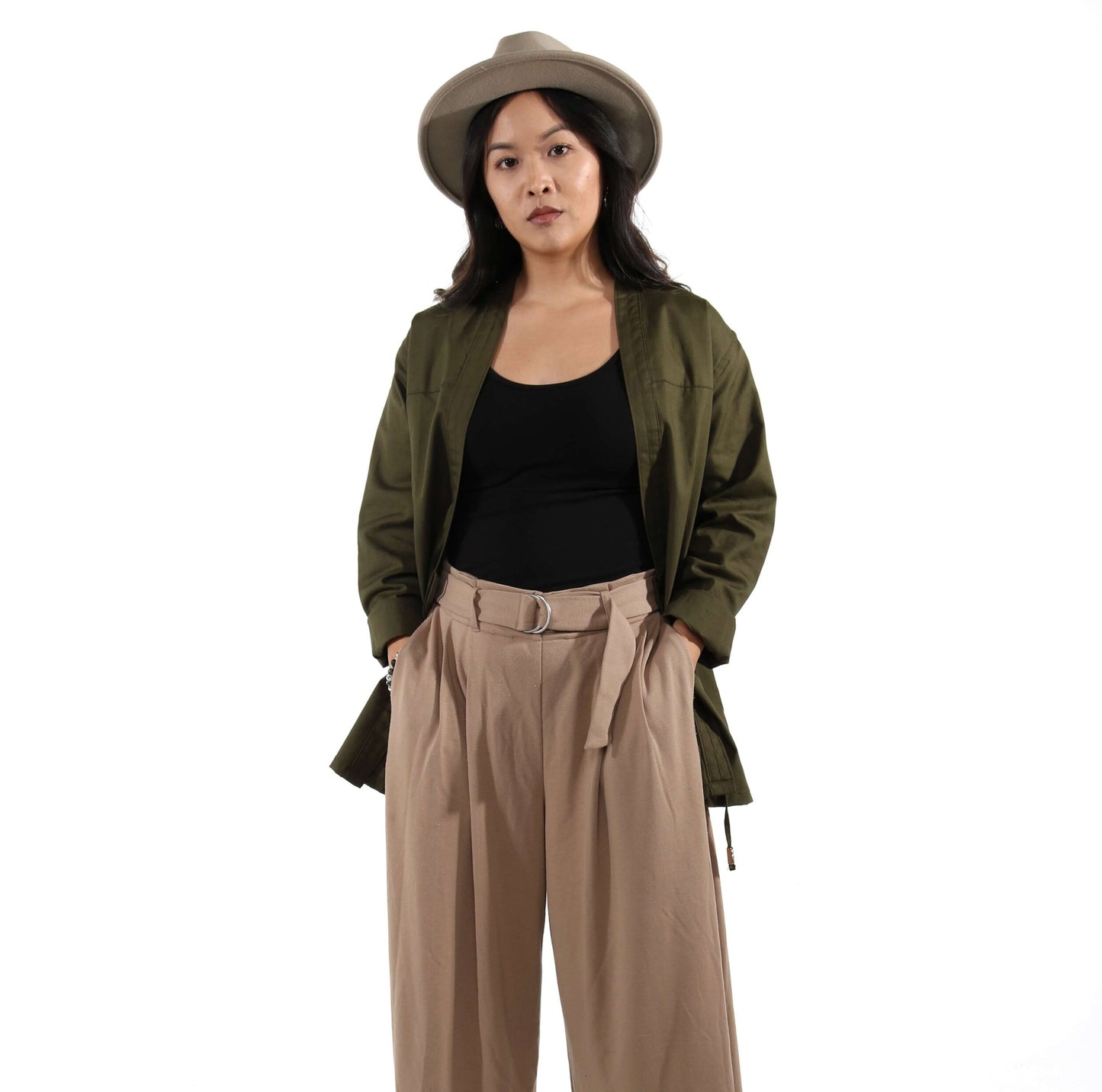 AKASHI-KAMA Womens Kimono Jacket Japanese Streetwear Army Green Noragi