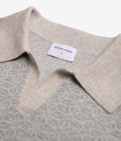 Japanese Asanoha Pattern Ojii Grey Knit Polo Shirt | AKASHI KAMA Knitwear  