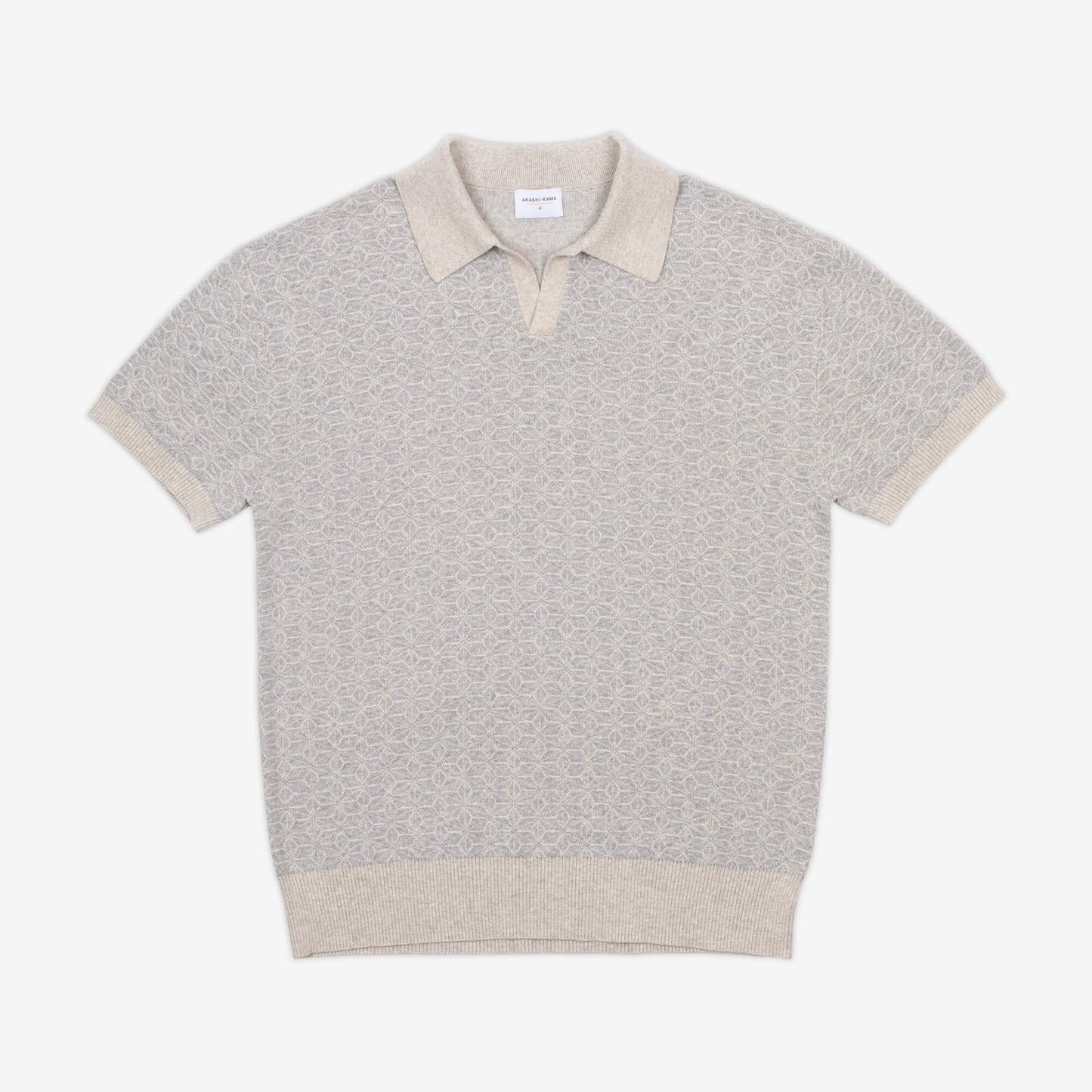 AKASHI-KAMA Ojii Knit Polo Shirt in Grey Asanoha Print | Japanese Pattern Knitwear