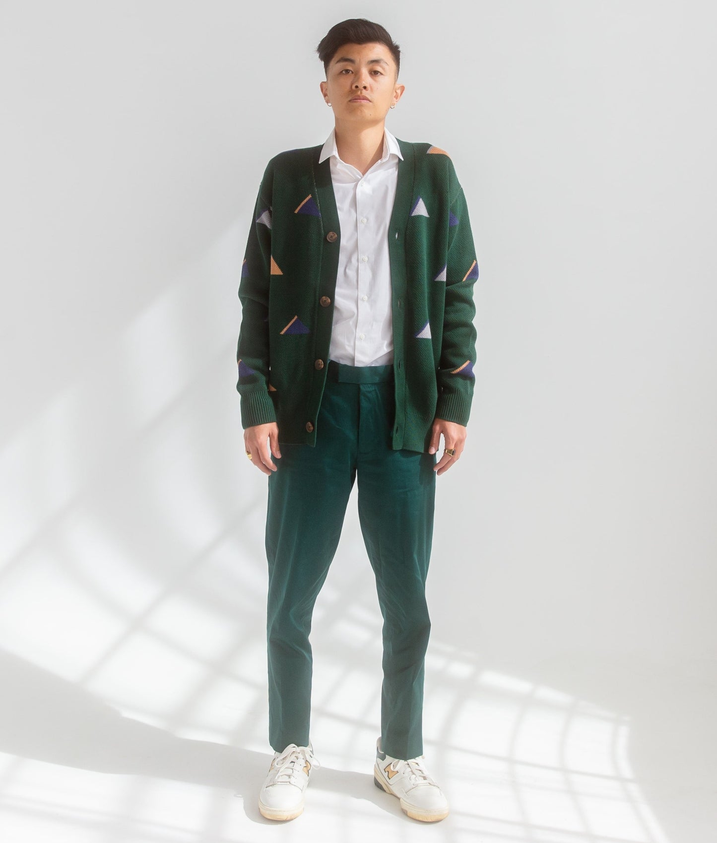 Japanese Pattern Cardigan Sweater - AKASHI KAMA Green Yama Knitwear Mens