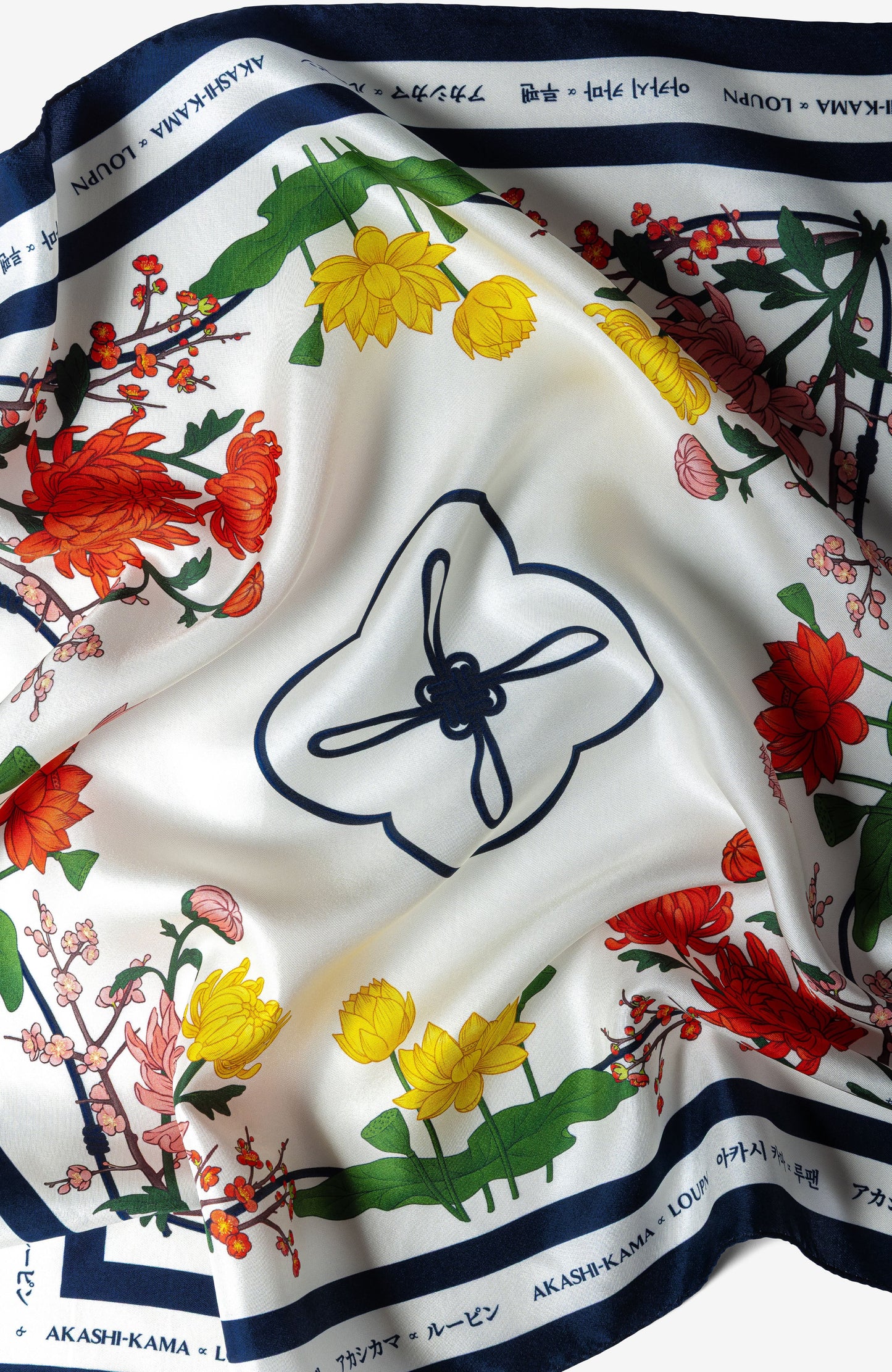 100% Korean silk bandana with Maedeup knot and floral artwork AKASHI-KAMA | LOUPN 