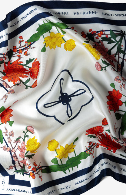 100% Korean silk bandana with Maedeup knot and floral artwork AKASHI-KAMA | LOUPN 