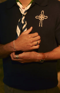 AKASHI-KAMA x LOUPN Maedeup collection - korean silk bandana indigo knit polo