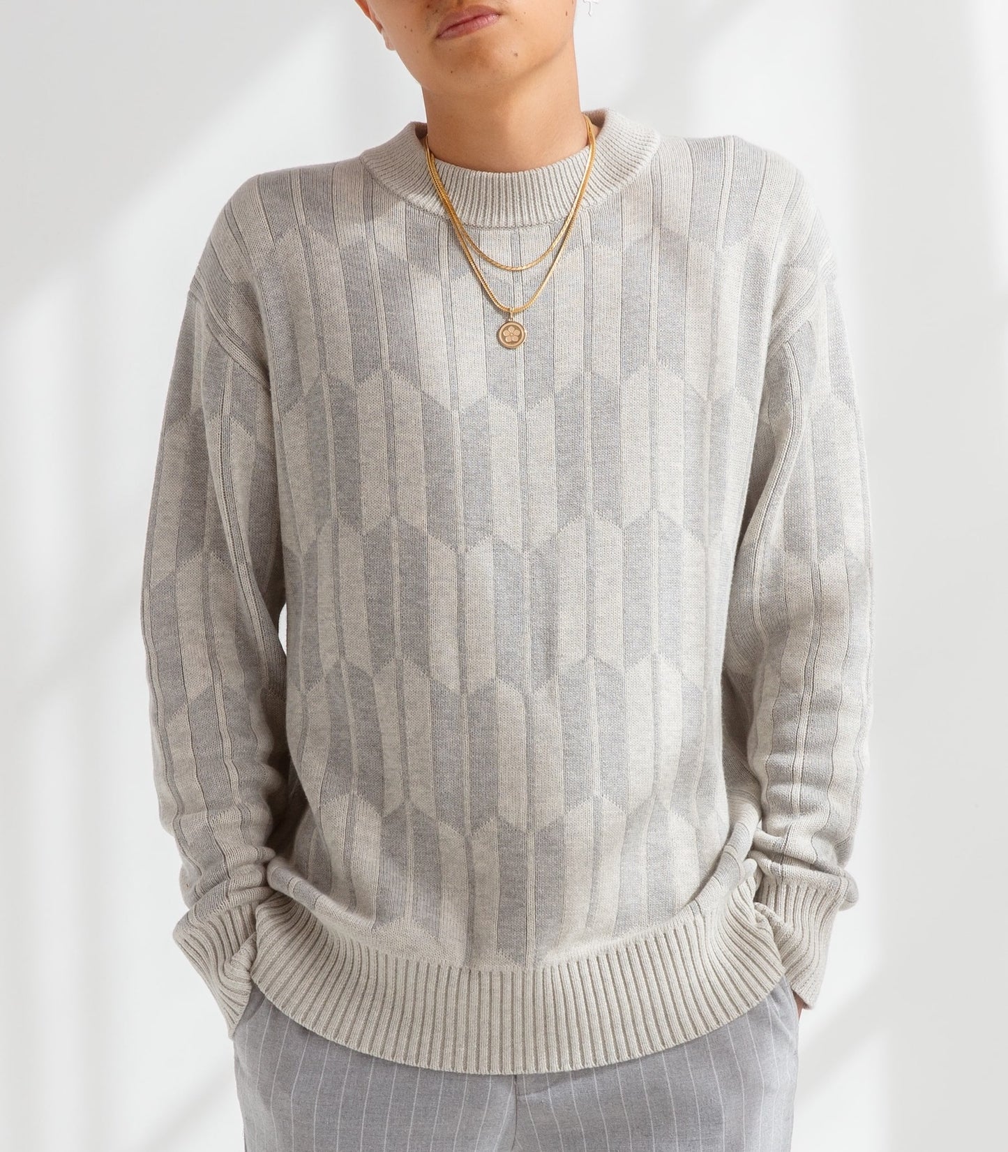 Mens Arrow Pattern Sweater - AKASHI KAMA Japanese Grey Knitwear