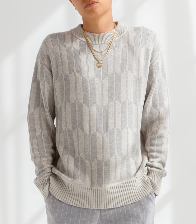 Mens Arrow Pattern Sweater - AKASHI KAMA Japanese Grey Knitwear