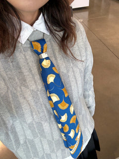 Akashi-Kama Arrow Crewneck sweater , styled with Japanese Riviera Ginkgo Leaf silk-cotton bandana, Japanese streetwear women’s style