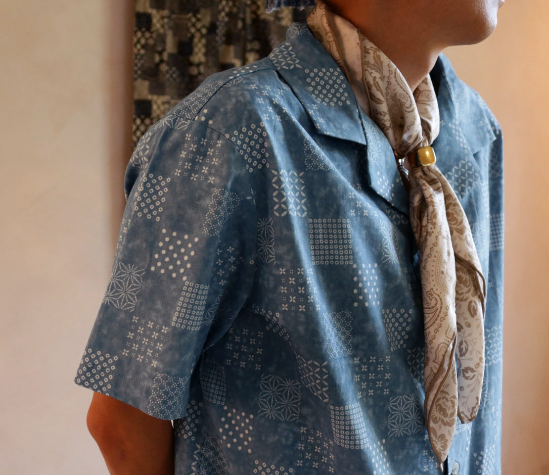 Japanese Pattern Button Down Shirt AKASHI-KAMA Camp Collar Style | Mens Streetwear Made in USA