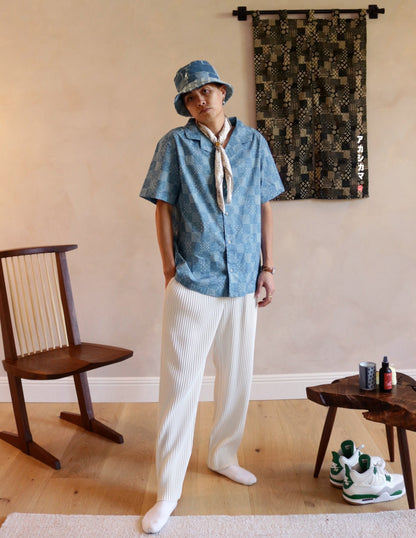 AKASHI-KAMA Mens Button Down Style Sora Blue Camp Collar Shirt Japanese Pattern | Made in USA Streetwear