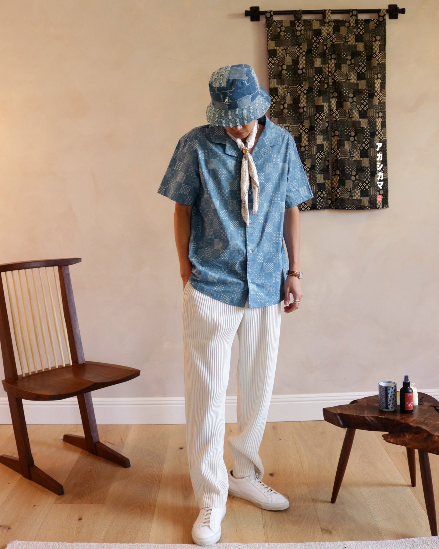 Mens Button Down Shirt AKASHI-KAMA Japanese Patterns Camp Collar Style | Streetwear Made in USA
