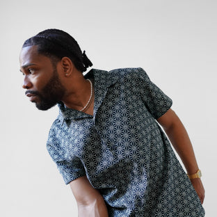 Japanese Asanoha Pattern Indigo Button Down Shirt AKASHI-KAMA Camp Collar Style | Mens Streetwear Made in USA