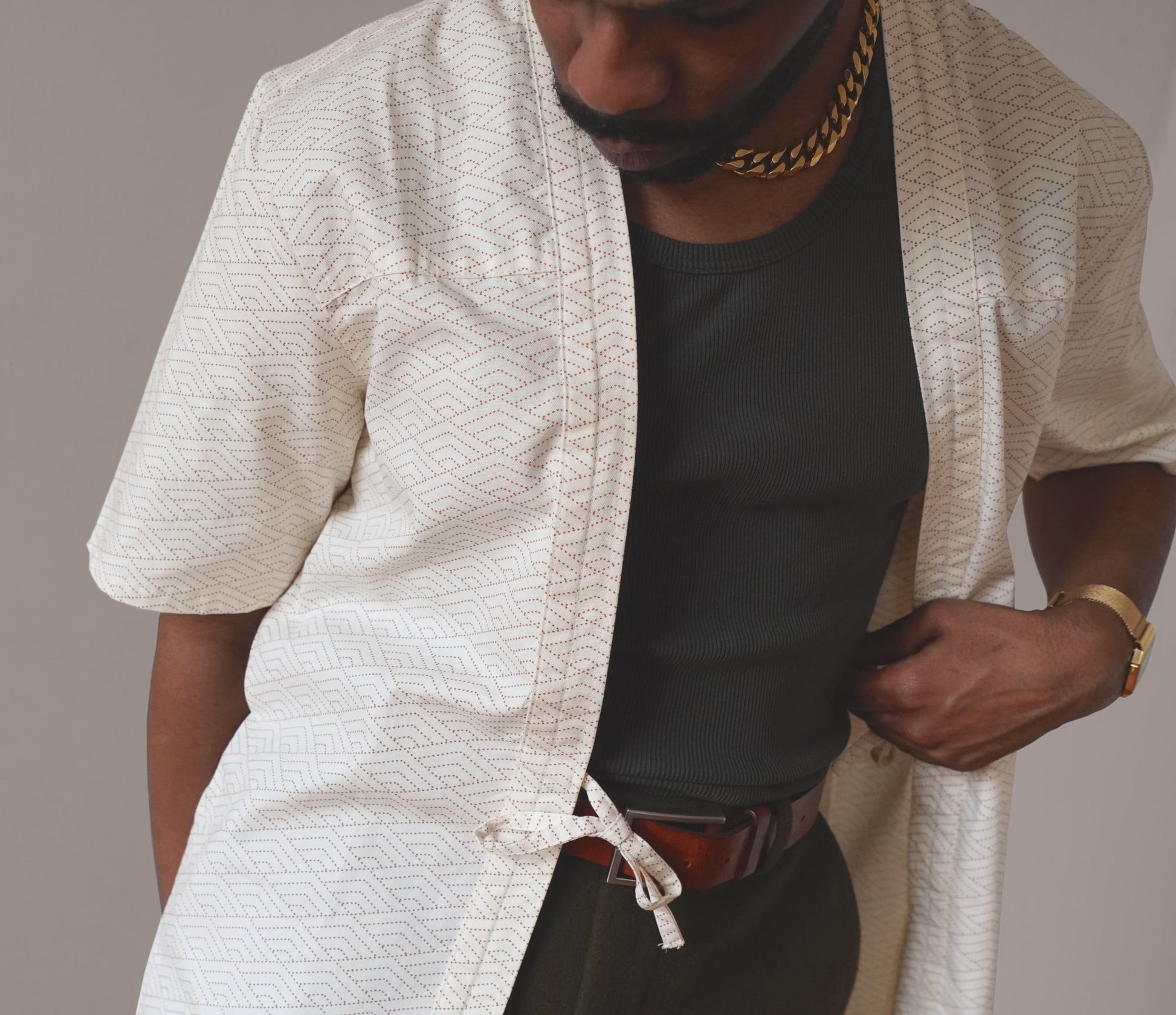 Modern Haori Jacket Mens Outfit | AKASHI KAMA Japanese Wave Pattern Streetwear