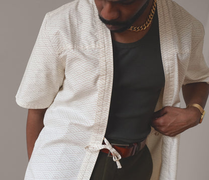 Modern Haori Jacket Mens Outfit | AKASHI KAMA Japanese Wave Pattern Streetwear