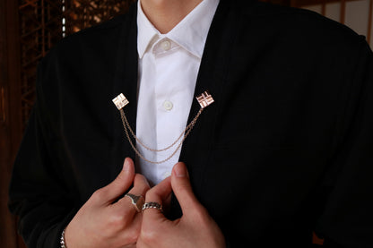 AKASHI-KAMA Himo Brooch Pin Lapel Gold Plated Double Chain