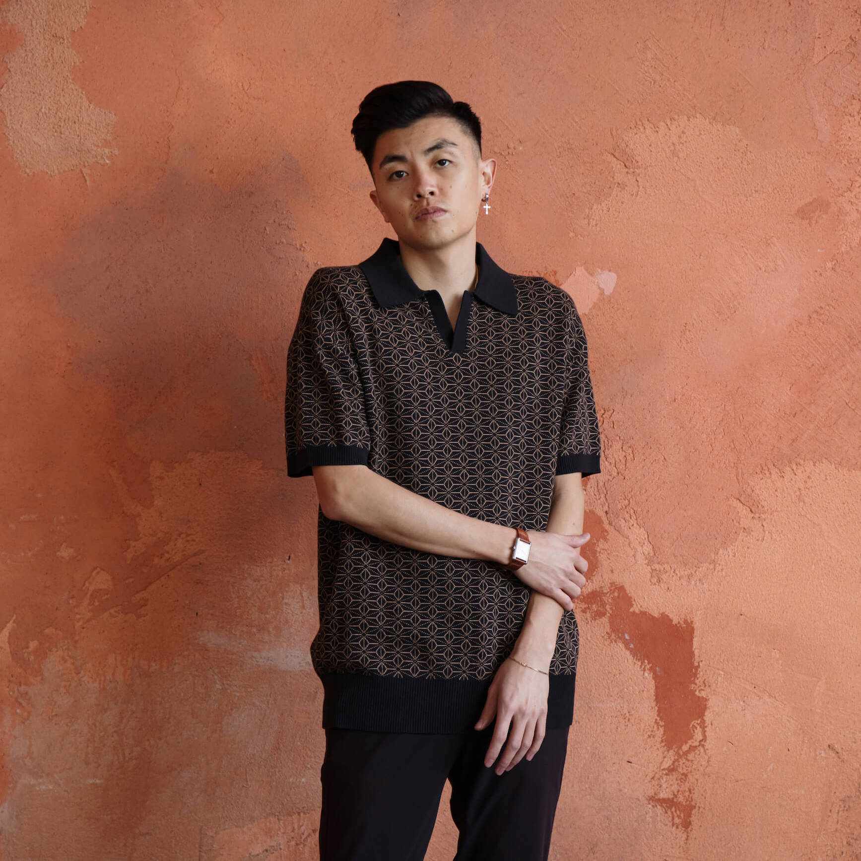 Ojii Knit Polo - Black Asanoha | AKASHI KAMA Shirt AKASHI-KAMA Ojii Knit Polo - Black Asanoha | AKASHI KAMA Shirt AKASHI-KAMA
