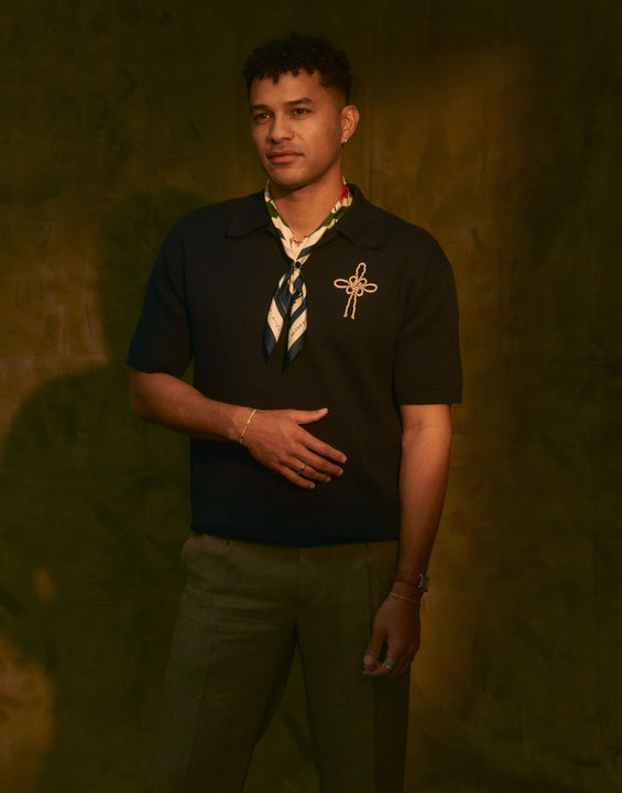 AKASHI-KAMA x LOUPN Indigo Mens Knit Polo - traditional Maedeup knot