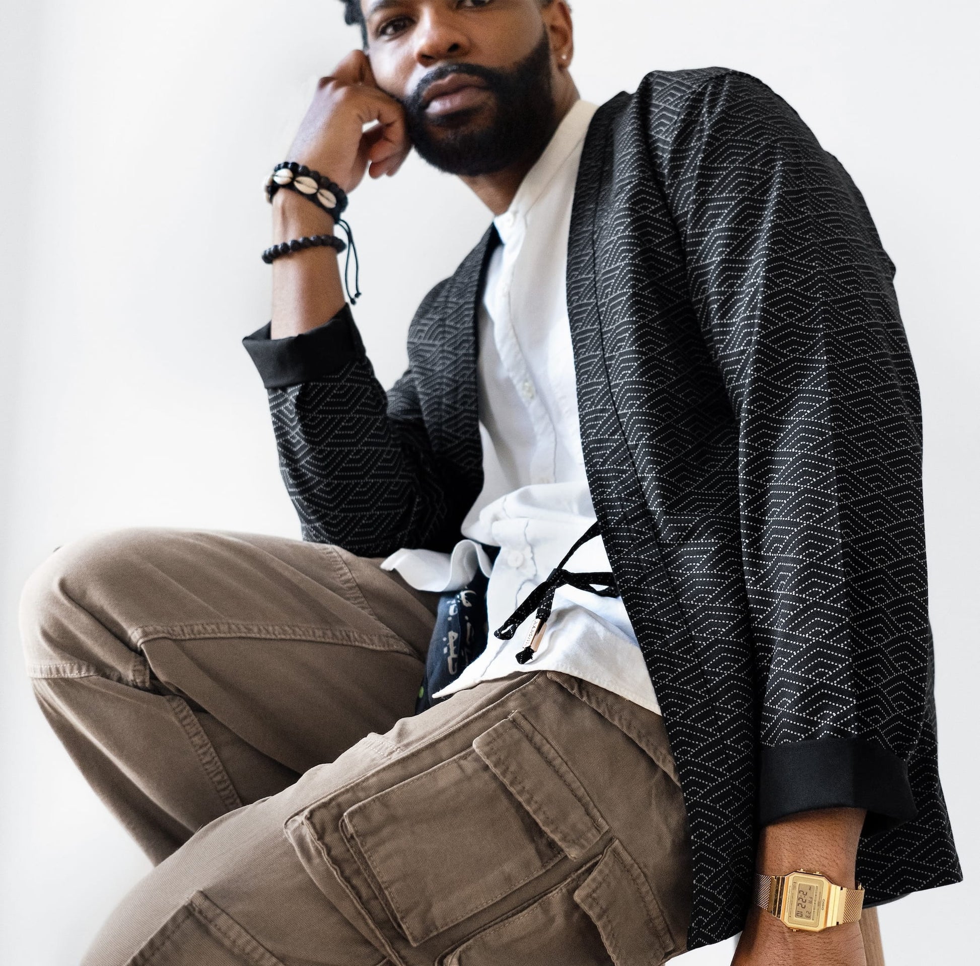 Noragi Jacket Black Wave AKASHI-KAMA Kimono Shirt