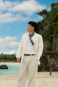 Men’s Akashi-Kama Cream Noragi Jacket jacquard floral, styled with Ginkgo Leaf silk-cotton bandana Japanese streetwear