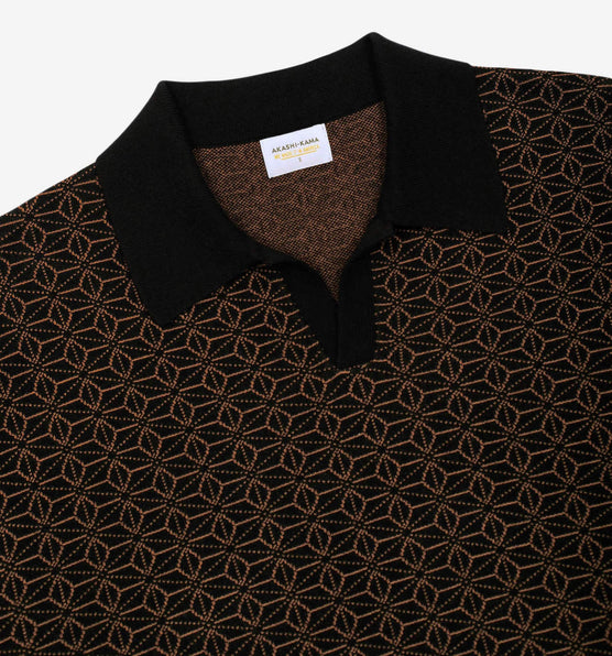 Asanoha Japanese Pattern Ojii Black Polo | AKASHI KAMA Knitwear