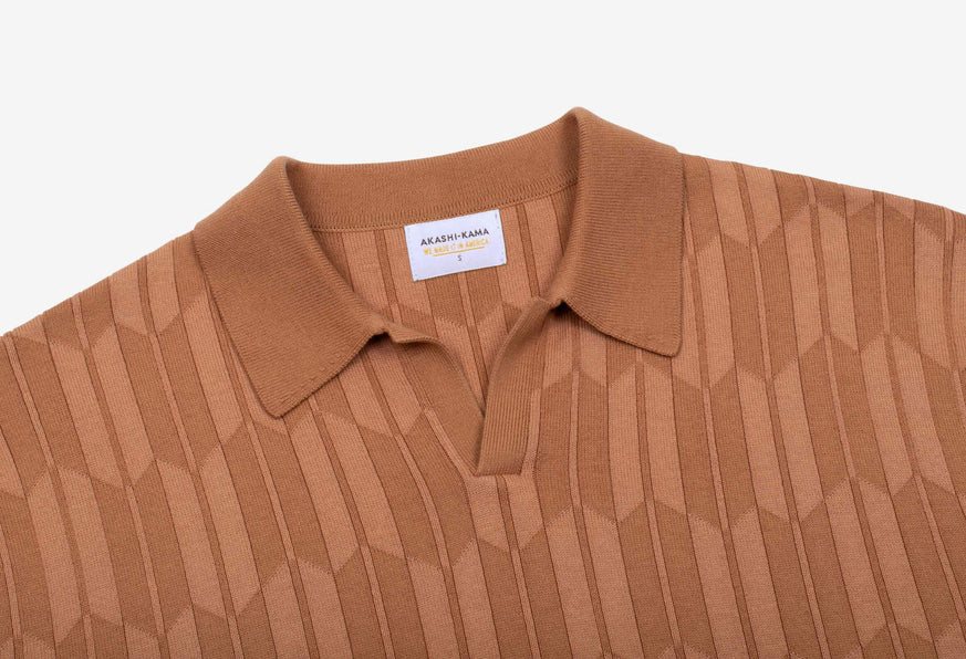 Knit Polo Shirt Japanese Pattern Ojii Brown | AKASHI KAMA Knitwear