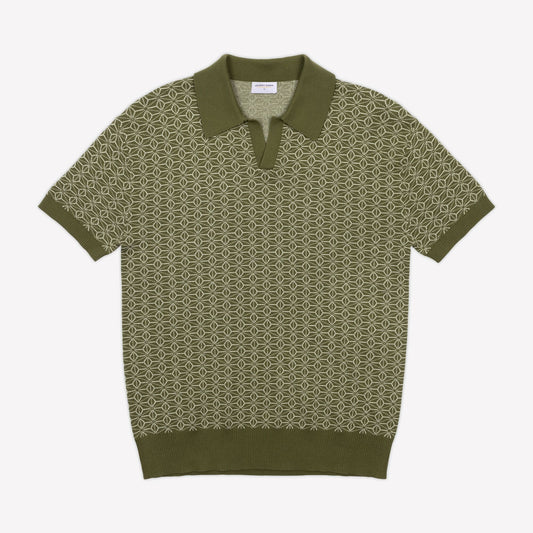 AKASHI-KAMA Ojii Knit Polo Shirt in Olive Asanoha | Japanese Pattern Knitwear