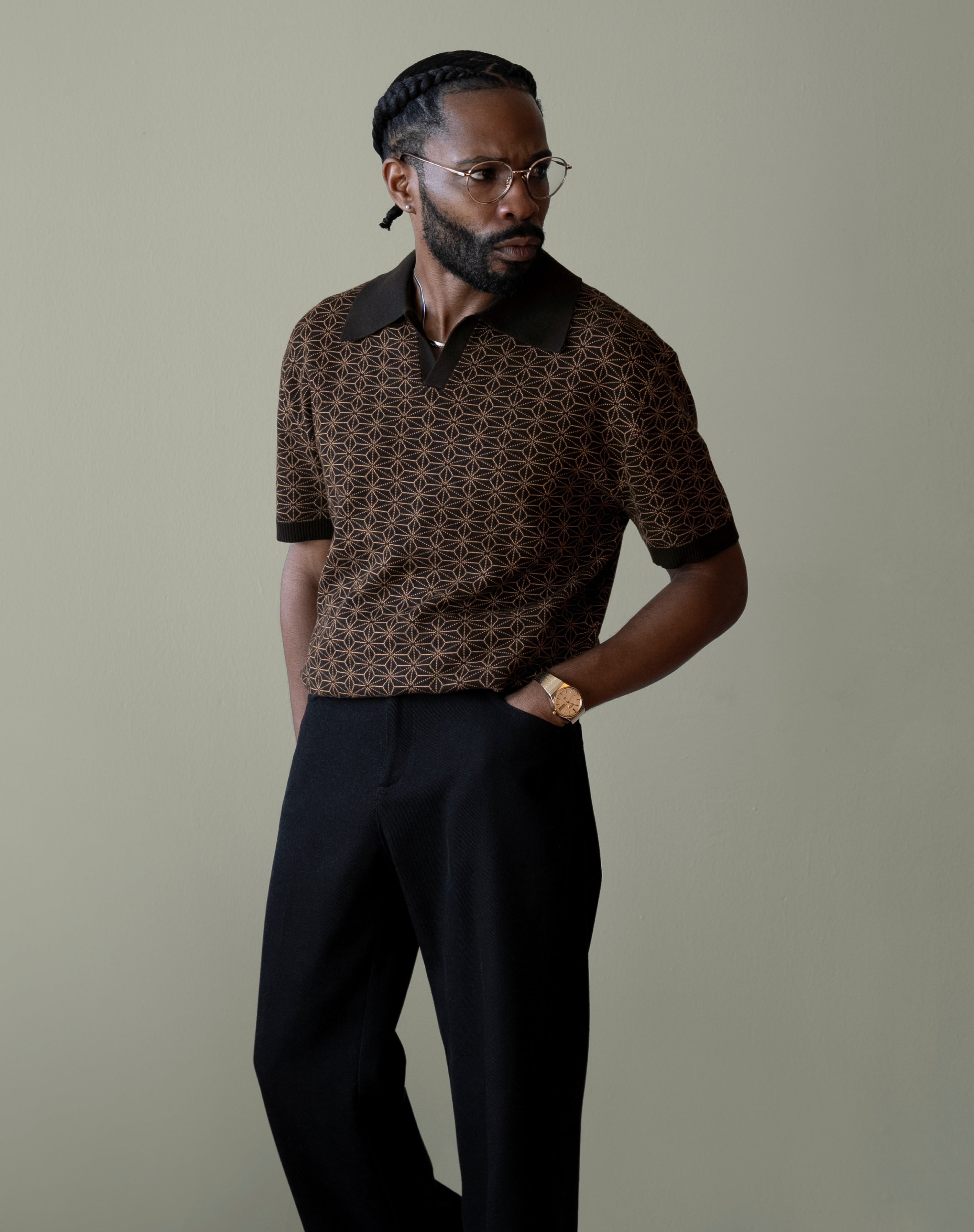 Japanese Asanoha Pattern in Black Ojii Knit Polo | AKASHI-KAMA Mens Knitwear