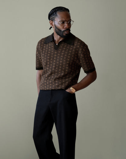 Japanese Asanoha Pattern in Black Ojii Knit Polo | AKASHI-KAMA Mens Knitwear
