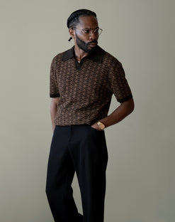 Japanese Asanoha Pattern in Black Ojii Knit Polo | AKASHI-KAMA Mens Knitwear