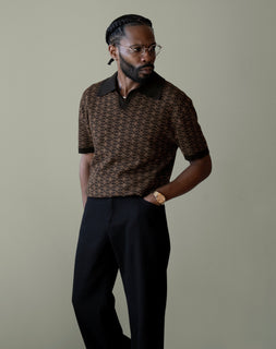 Japanese Asanoha Pattern in Black Ojii Knit Polo | AKASHI-KAMA Mens Knitwear