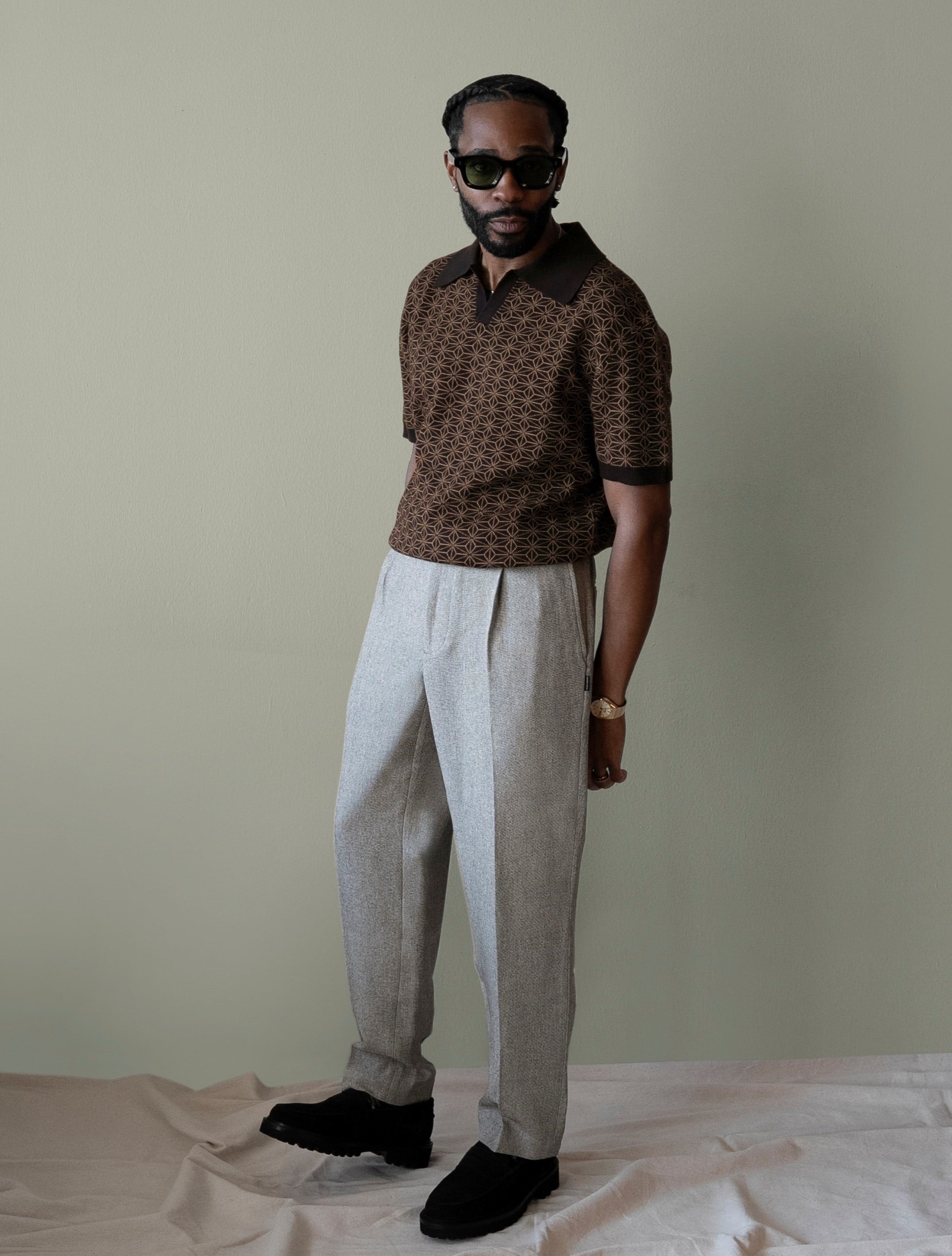 AKASHI-KAMA Mens Ojii Knit Polo in Black | Japanese Asanoha Pattern Knitwear